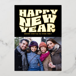 Happy New Year funky fun Retro Black Gold Foto Folien Feiertagskarte