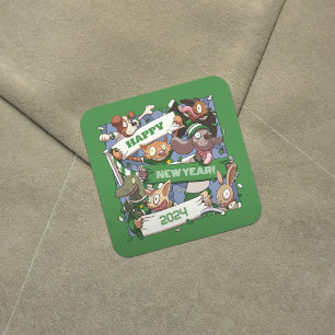 Happy New Year Funny Animal Fans Scarf Cartoon Quadratischer Aufkleber