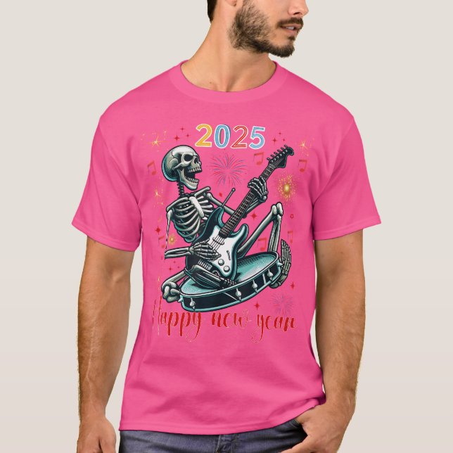 Happy New Year Funny Skeleton Playing Gitarre T-Shirt (Vorderseite)