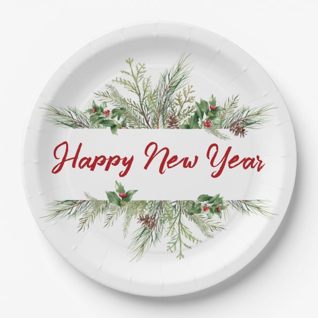 Happy New Year Gerahmt Winter Wheath Gruß Pappteller (Vorderseite)