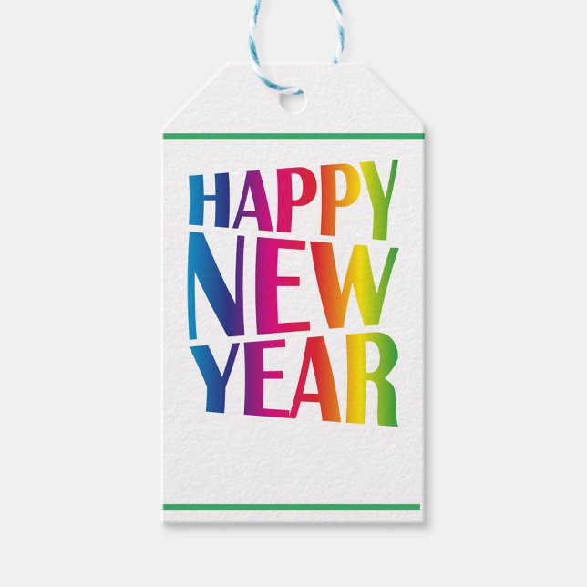 Happy New Year Geschenkanhänger (A vibrant, colorful New Year tag featuring the words 'HAPPY NEW YEAR' in a bold, playful font.)