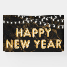 Happy New Year Gold & Black Balloon Lights Banner