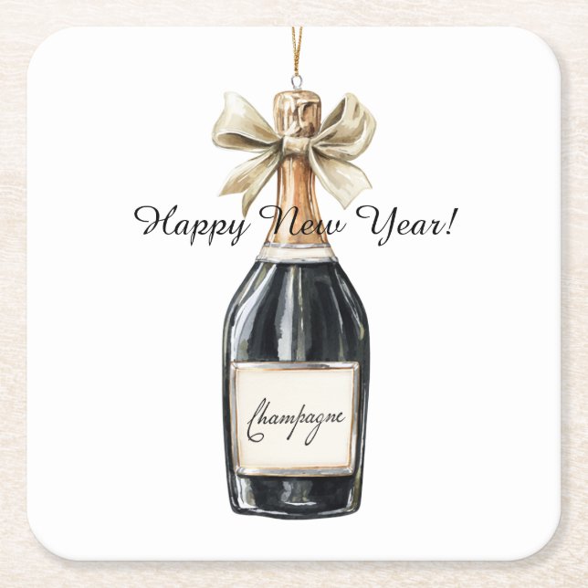 Happy New Year Gold Black Champagne Bottle Rechteckiger Pappuntersetzer (Vorderseite)