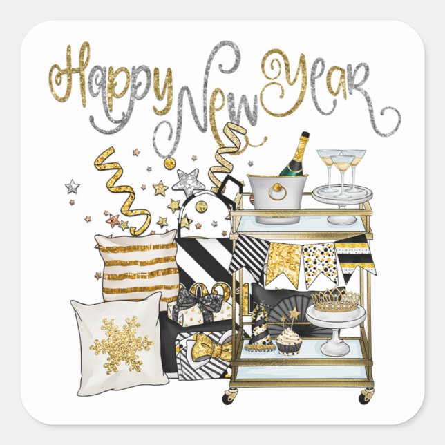 Happy New Year Gold Black Champagne Geschenke Conf Quadratischer Aufkleber (Vorderseite)