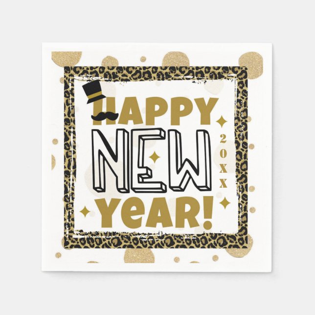 Happy New Year Gold Black Leopard Print Serviette (Vorderseite)