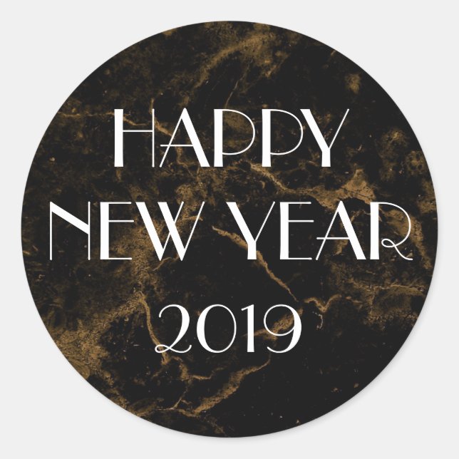 Happy New Year Gold Black Marble Elegante Runder Aufkleber (Vorderseite)