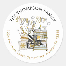 Happy New Year Gold Black Return Name Adresse Runder Aufkleber