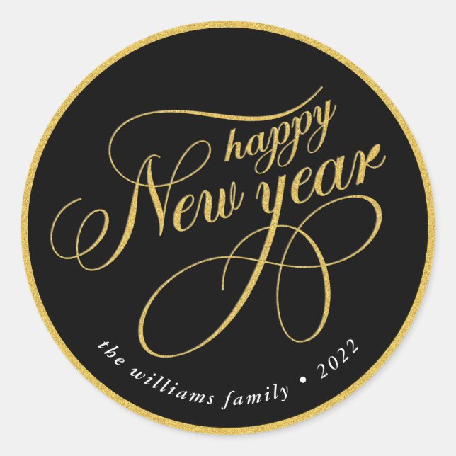 Happy New Year Gold & Black Typografy Runder Aufkleber (Vorderseite)