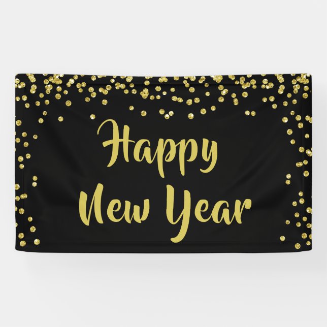 HAPPY NEW YEAR Gold Confetti Pinselschrift Banner (Horizontal)