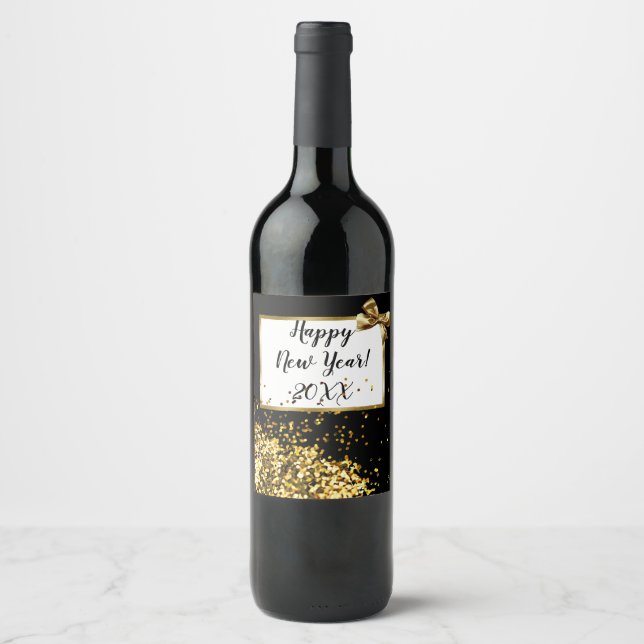 Happy New Year Gold Confetti und Bow Weinetikett (Vorderseite)