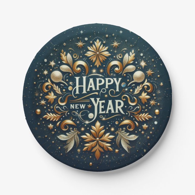 Happy New Year Gold Flourish Festive  Pappteller (Vorderseite)