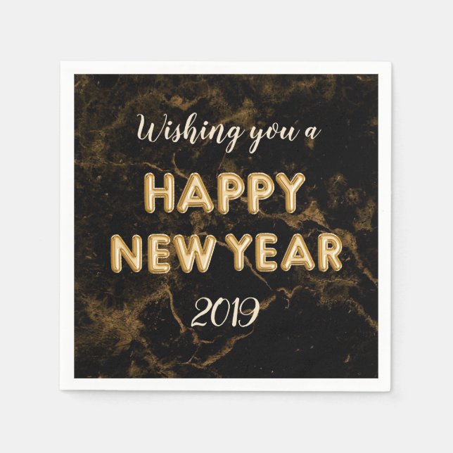 Happy New Year Gold Foil Balloons Marble Black Serviette (Vorderseite)