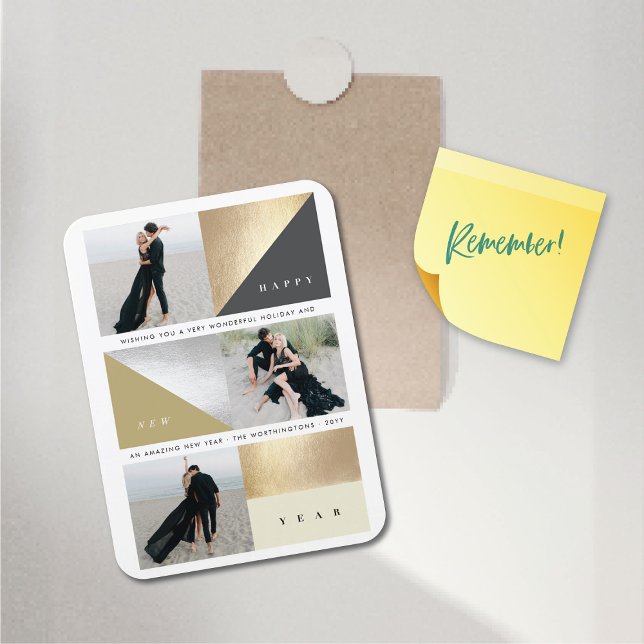 Happy New Year Gold Foil Blocks Stilvolles 3-Foto Magnet (Happy New Year Faux Gold / Silver Foil Simple Blocks Stylish 3 Photo Flexible Magnet @ fat_fa_tin)