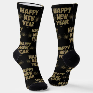 Happy New Year Gold Glitzer auf Black Socken
