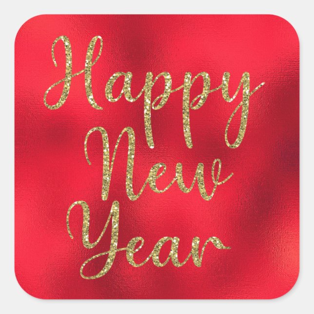 Happy New Year Gold Glitzer auf Red Metallic Quadratischer Aufkleber (Vorderseite)