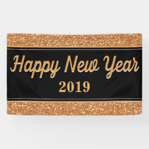 Happy New Year Gold Glitzer Black Banner