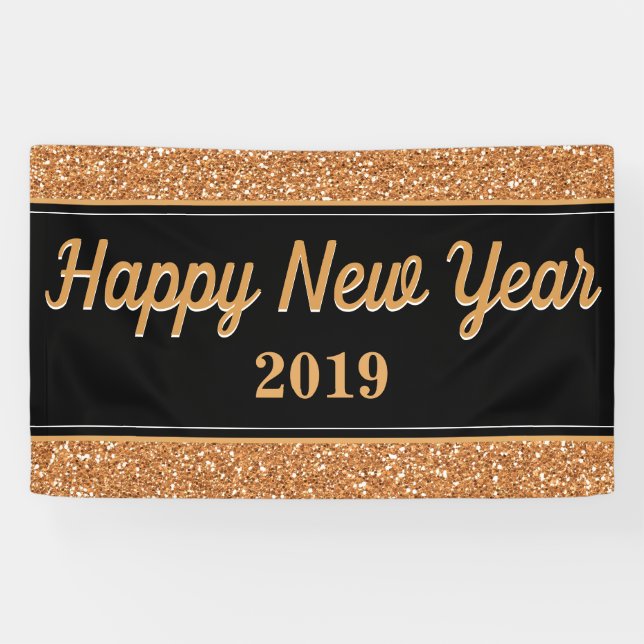 Happy New Year Gold Glitzer Black Banner (Horizontal)