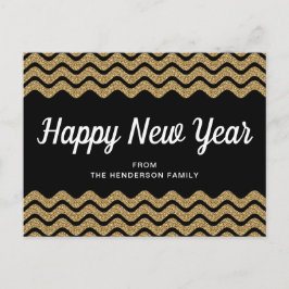 Happy New Year Gold Glitzer Black Zickzack Stripes Postkarte
