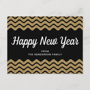 Happy New Year Gold Glitzer Black Zickzack Stripes Postkarte