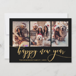 Happy New Year Gold Script 3 Photo Collage Black  Feiertagskarte