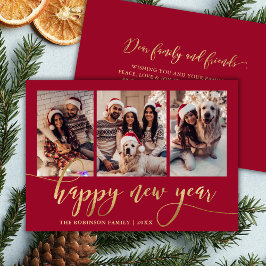 Happy New Year Gold Script Red 3 Photo Collage Feiertagskarte