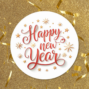 Happy New Year Gold Sparkle Script Runder Aufkleber