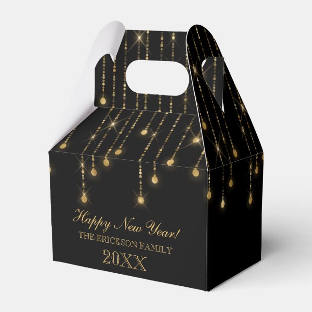 Happy New Year Gold und Black String Lights Geschenkschachtel (Rückseite)