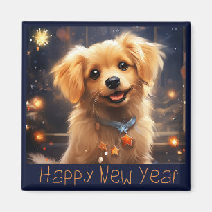 Happy New Year Golden Puppy Magnet