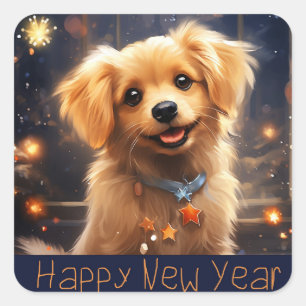 Happy New Year Golden Puppy Quadratischer Aufkleber