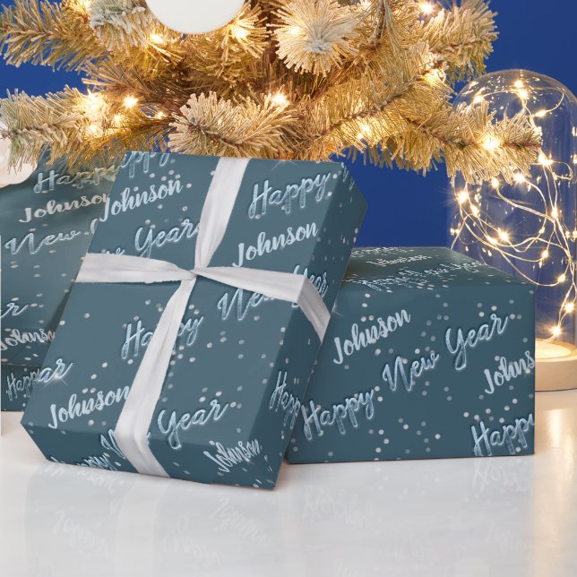 Happy New Year Golden Script Blue Celesty Gray Geschenkpapier (Feiertage)