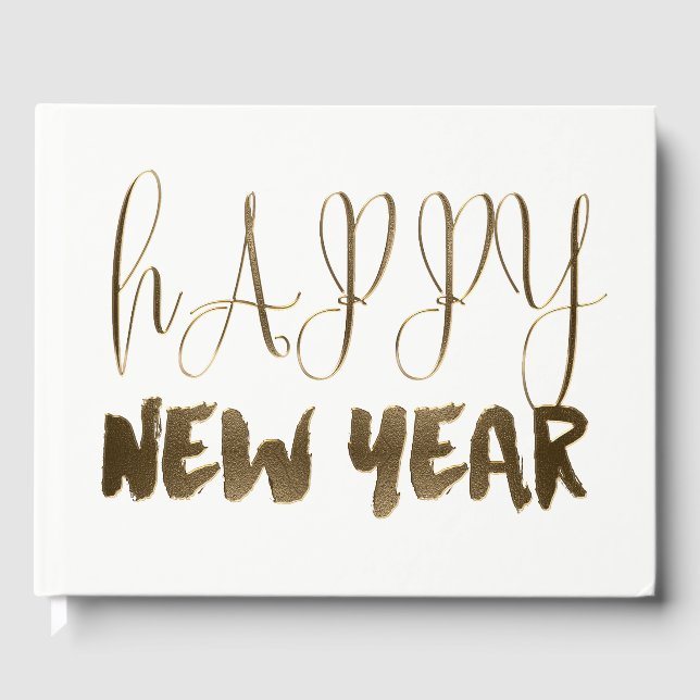 Happy New Year Golden Text Gold Typografie Gästebuch (Vorderseite)