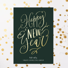 Happy New Year Green Gold Script Modern Business Folien Feiertagskarte