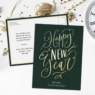 Happy New Year Green Gold Script Modernes Non-Foto Folien Feiertagspostkarte