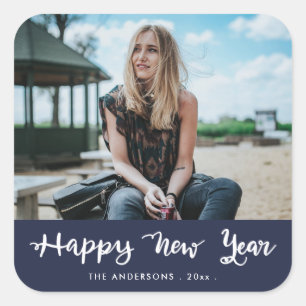 Happy New Year handgeschriebenes Navy Blue FOTO Quadratischer Aufkleber