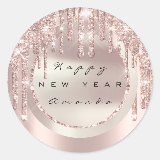 Happy New Year Holiday Name Tropfens Rose Glitzer Runder Aufkleber (Vorderseite)