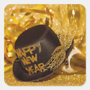 Happy New Year in Gold und Schwarz Quadratischer Aufkleber
