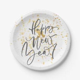 Happy New Year in grauem handgeschriebenem Text Pappteller