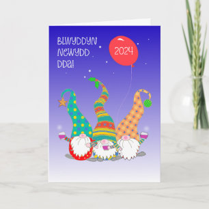 Happy New Year in Welsh Drei Niedliche Gnomes Card Karte