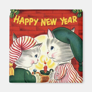 Happy New Year Kittens Vintag Magnet