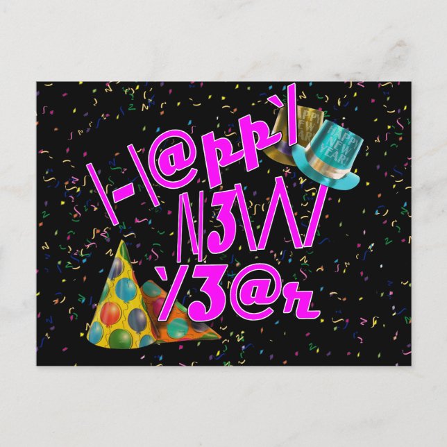 HAPPY NEW YEAR LEET FEIERTAGSPOSTKARTE (Vorderseite)