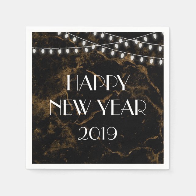 Happy New Year Lights Gold Black Marble Serviette (Vorderseite)