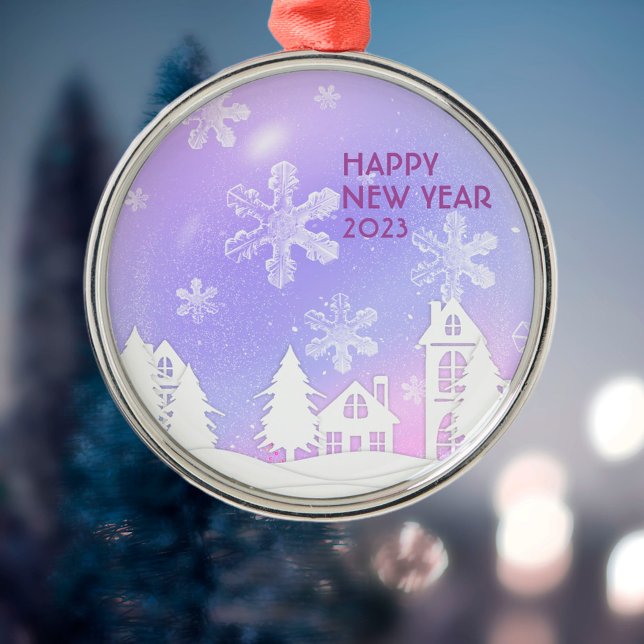 Happy New Year Lila White Snow House Metal Ornam Ornament Aus Metall (Von Creator hochgeladen)