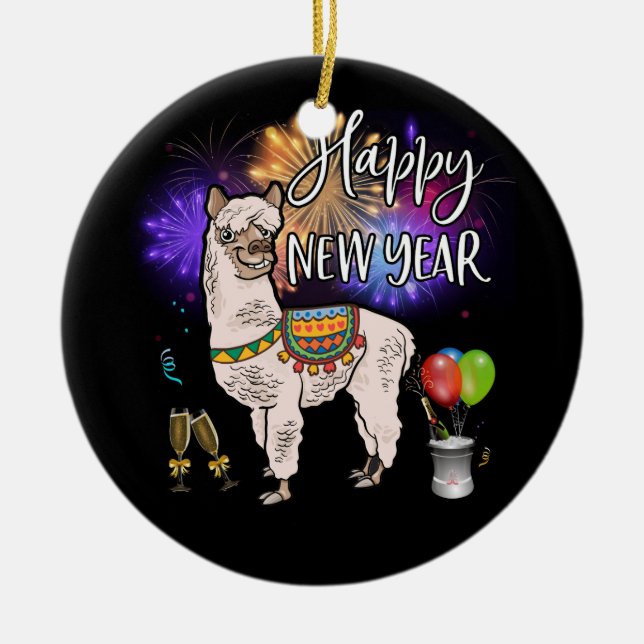 Happy New Year Llama Alpaca Feuerwerk Keramik Ornament (Vorne)