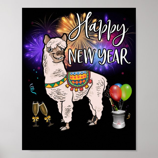 Happy New Year Llama Alpaca Feuerwerk Poster (Vorne)