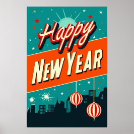 Happy New Year Mid Century Modern Style Poster