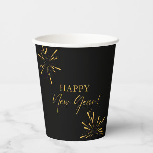Happy New Year minimalistische Feuerwerk schwarz Pappbecher