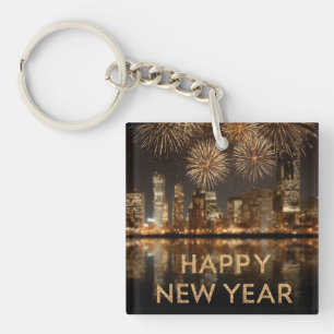 "Happy New Year" mit Feuerwerken über einer Stadt Schlüsselanhänger