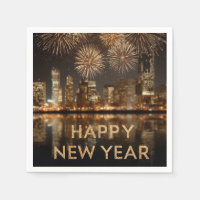 "Happy New Year" mit Feuerwerken über einer Stadt