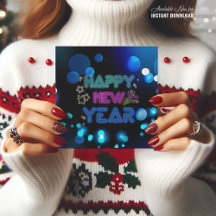 Happy new year modern blauer Neon CARD