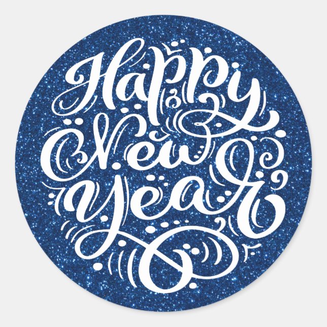 Happy New Year Modern Calligraphy Blue Glitzer Runder Aufkleber (Vorderseite)